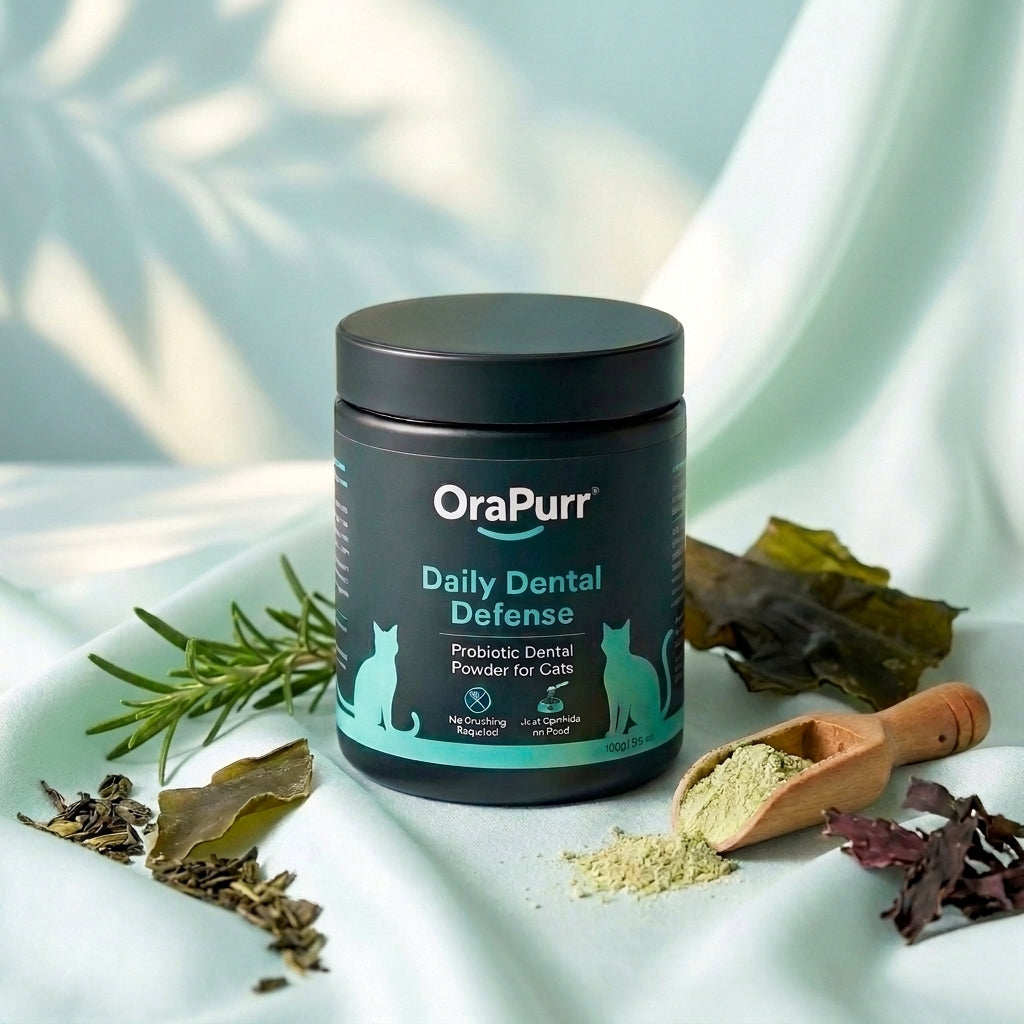OraPurr Daily Dental Defense jar with rosemary, green tea, brown algae and the powder in a wooden scoop